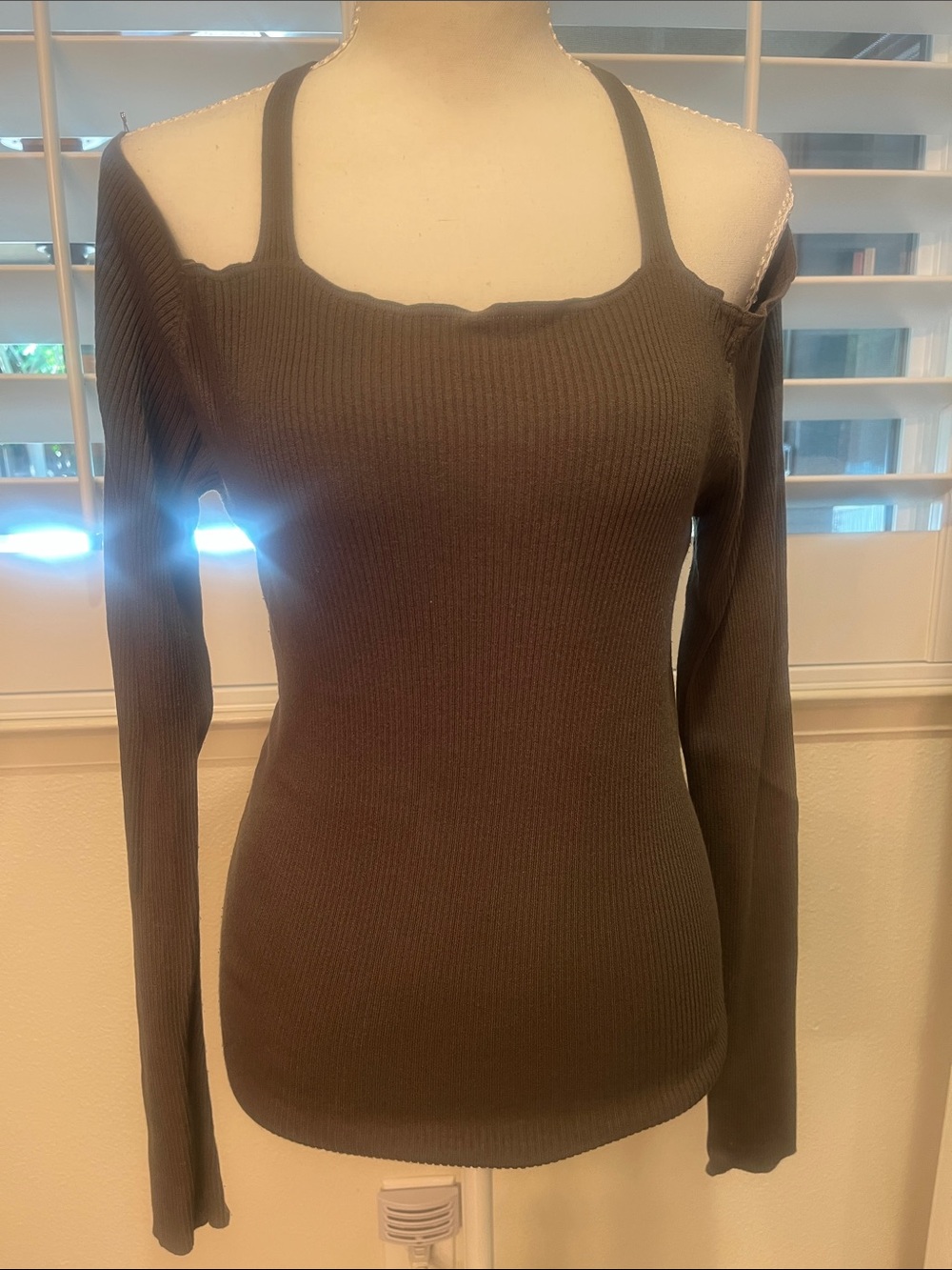 Mustard Seed Olive Green Strappy Ribbed Long Sleeve Top